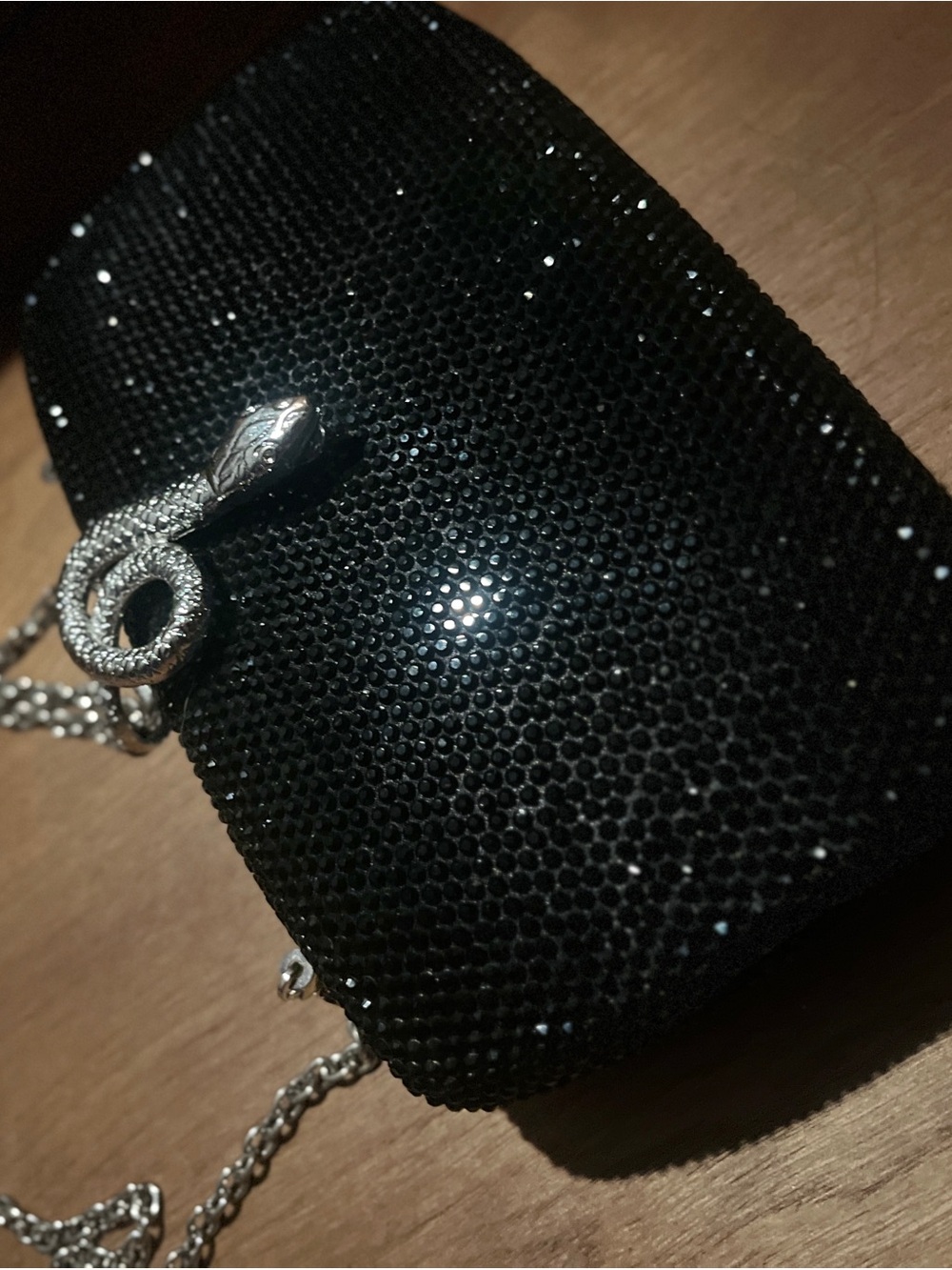 Black Rhinestone Snake Clasp Evening Clutch Purse Silver Chain Strap